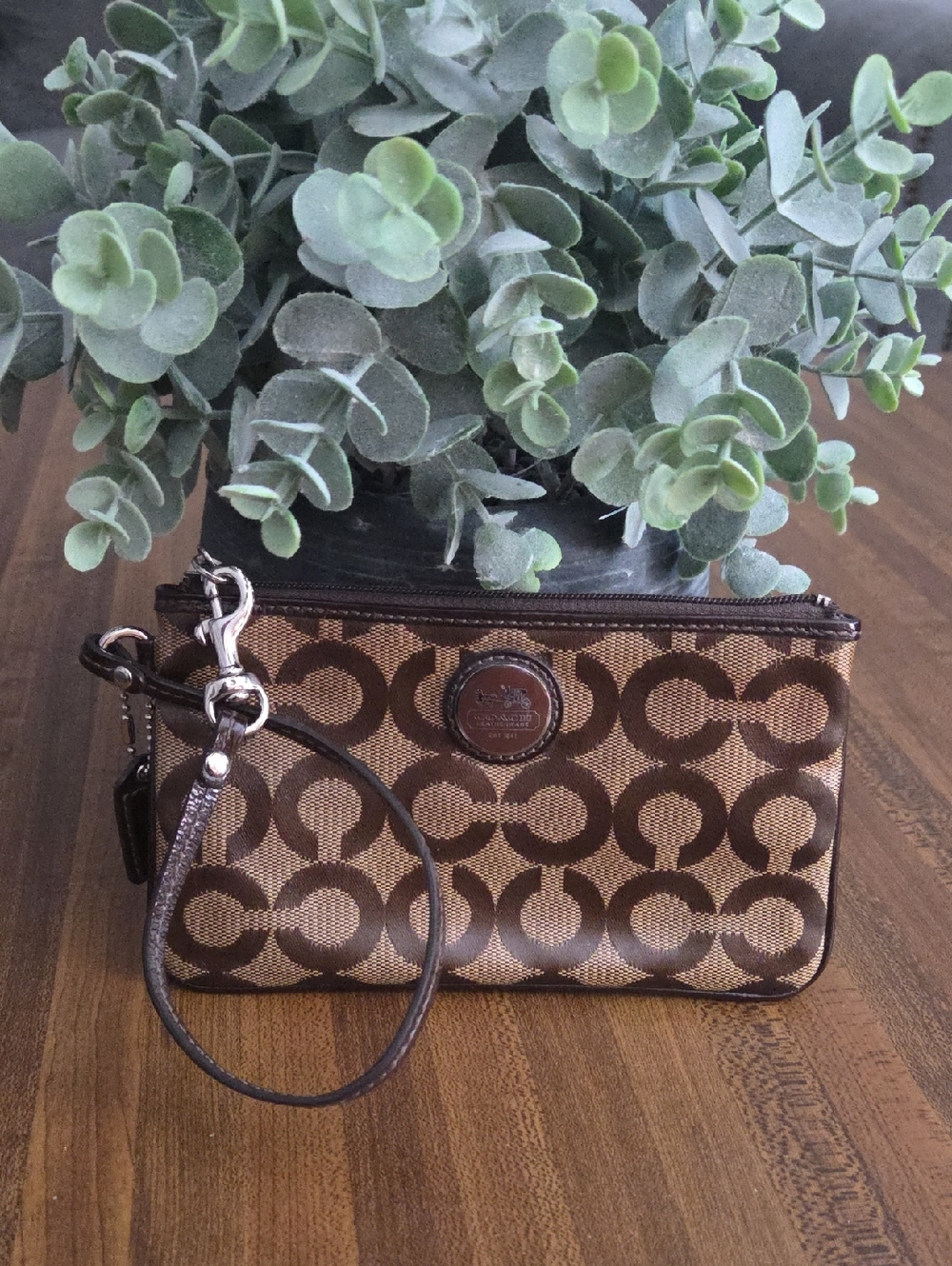 Coach Metallic Bronze and Dark Brown Signature Wristlet